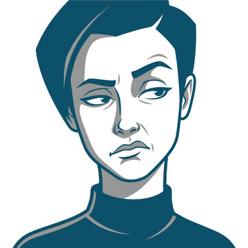 Vector illustration of a skeptical woman with a doubtful facial expression looking sideways.