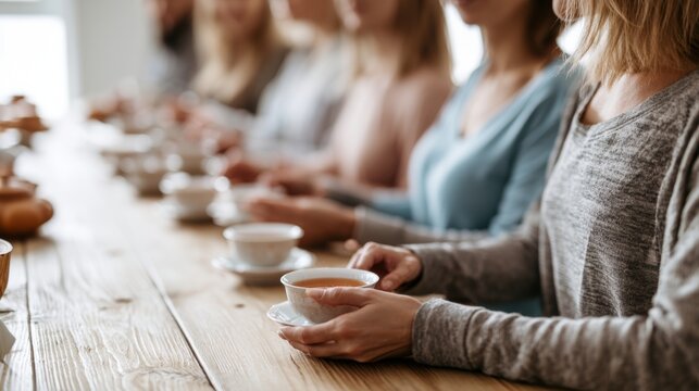 Women hold teacups while tasting tea at wooden table. Steamless cups and saucers sit in row during relaxed indoor tea gathering