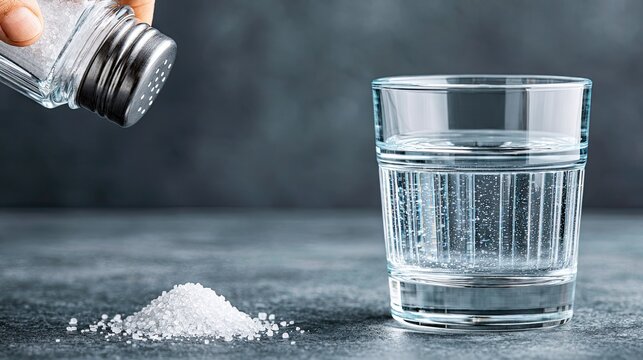 Coarse salt shaker and clear water glass still life closeup, sodium chloride dissolution diet health science, kitchen catering chemistry experiment promotional design material