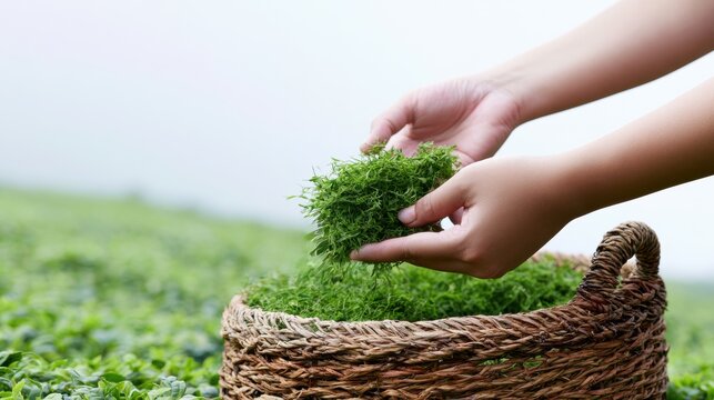 Hands gather fresh green tea leaves into woven basket in plantation. Close-up shows careful leaf picking during harvest with lush tea bushes around