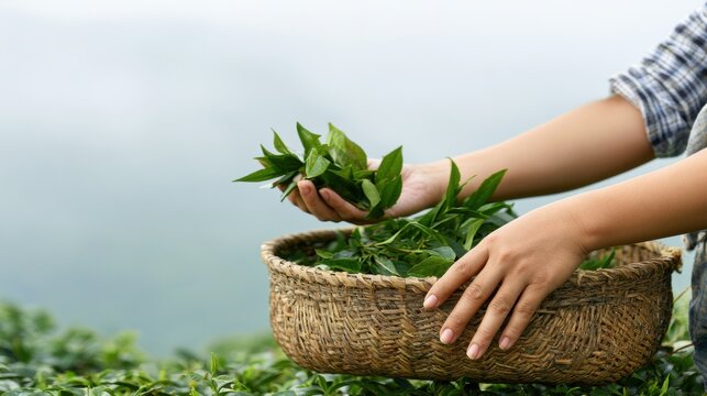 Hands harvest fresh green tea leaves into woven basket. Close view shows careful picking of leafy tea shoots for collection and processing