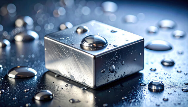 Closeup of a metallic cube with water droplets on surface