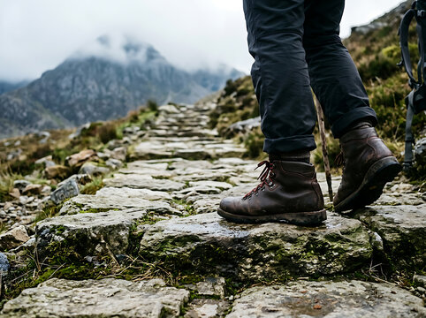 Close up of hiker boots walking on a rocky mountain path in the wilderness.