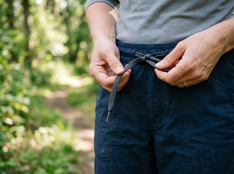 Close up of a person adjusting the drawstring on their blue trousers while hiking outdoors.