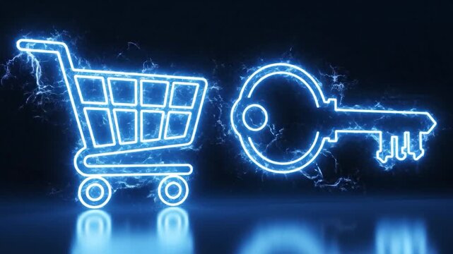 Neon shopping cart and key symbolize online security