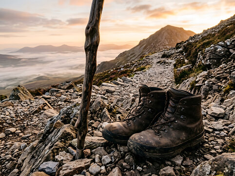 Hiking boots and a walking stick on a rocky mountain trail at sunrise.