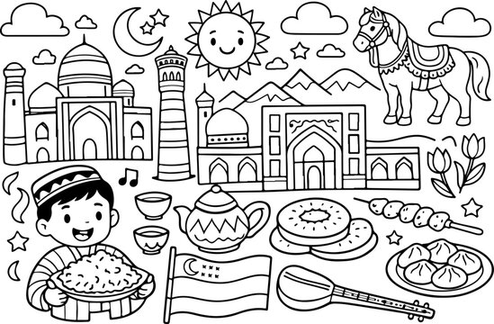 Usbekistan-Sehensw&uuml;rdigkeiten: Cartoon-Umrisse, handgezeichnete Linienkunst-Illustration, Doodle-Kunst-Malvorlage f&uuml;r Kinder