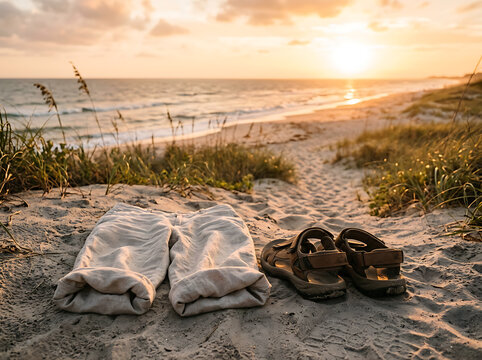 Folded linen pants and sandals left on a sandy beach during a beautiful golden sunset.