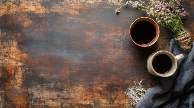 Dark coffee, vibrant flowers, rustic wood, and a cozy fabric create a warm tableau