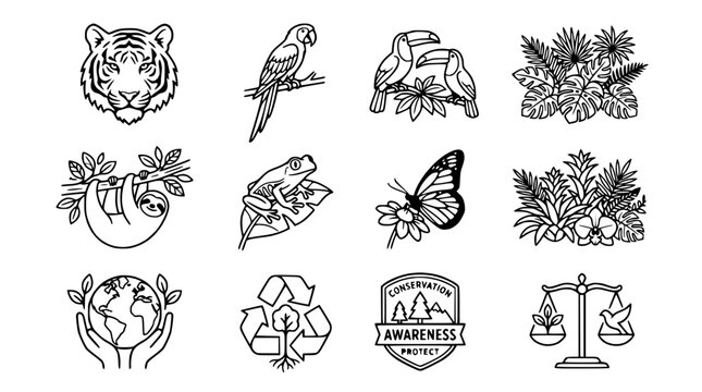 Jungle Animals and Nature Conservation Icons: Tiger, Sloth, Toucan, Parrot, Frog, Butterfly, Earth
