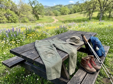 Hiking gear and clothing resting on a wooden picnic table in a wildflower meadow.