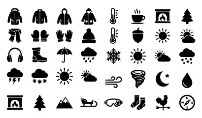 Modern winter clothing and weather silhouette icon collection with coats scarves snow rain sunshine and seasonal elements isolated on white background © Md