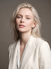 Fototapeta premium Elegant blonde woman in a stylish cream blazer, exuding confidence and sophistication. Her serene expression and soft gaze capture a moment of refined grace