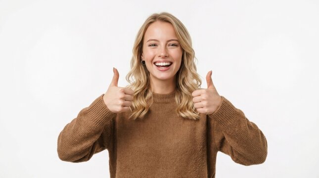 Happy young blonde woman wearing a brown sweater smiling and giving two thumbs up isolated against white background