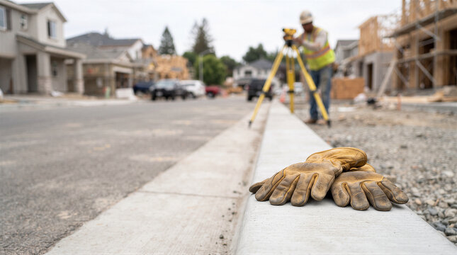 Work gloves resting on a concrete curb at a residential construction site with a surveyor working in the background