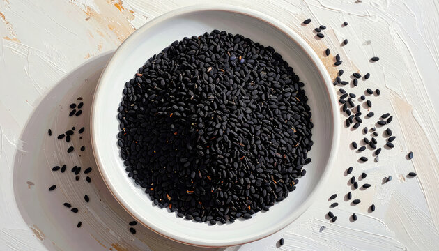 Black Sesame Seeds in White Bowl on Wooden Surface