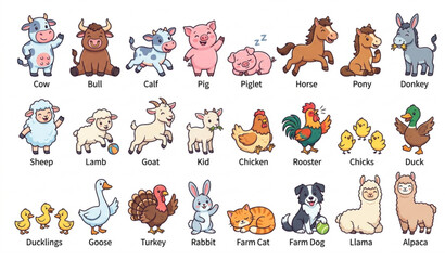Fototapeta premium Colorful Farm Animal Bundle with Cute Cartoon Livestock Characters Flat Vector Collection