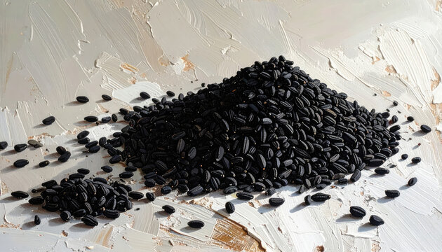 Black Sesame Seeds Pile on Wooden Surface for Cooking or Health