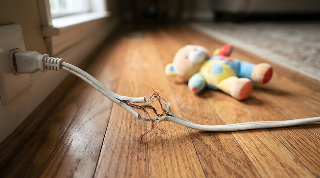 Frayed and damaged white electrical cord with exposed copper wires plugged into an outlet on a hardwood floor near a child's toy