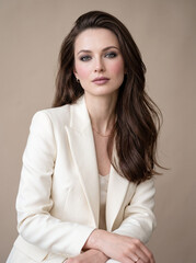 Fototapeta premium A confident businesswoman in a white suit poses elegantly, her gaze direct and poised