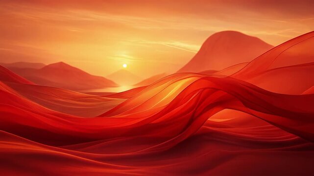 Abstract red fabric waves flowing against a warm sunset over mountains