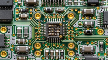 Fototapeta premium Circuit Board Traces and Components Macro Background