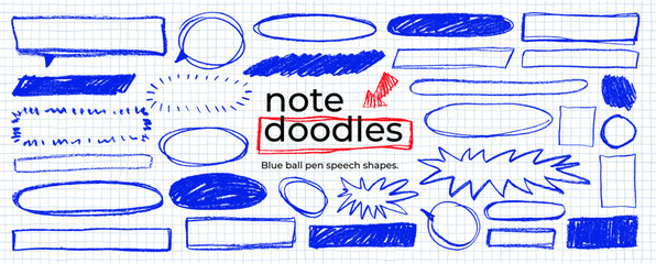 Naklejka na ściany i meble Blue ball pen text boxes, doodle rectangles and ovals for notes. Hand drawn school and notes doodle elements for emphasise text. Journal mark elements on checkered paper sheet bg. Png clip art shapes.