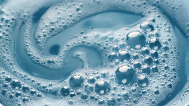 Macro shot of swirling soap suds and bubbles on a blue water surface. Ideal for cleaning, hygiene, spa, skincare, and fresh detergent concepts.