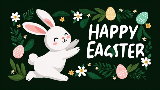 Happy easter rabbit illustration with floral border