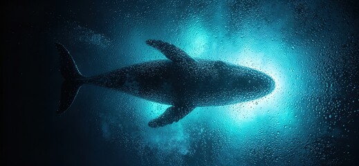 Fototapeta premium Glowing Blue Underwater Whale Silhouette Condensation Drops Glass Dark Cinematic 4K