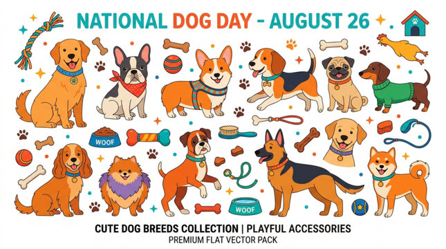 Celebratory flat illustration featuring diverse dog breeds with playful accessories for national dog day with celebrating festive pet holiday theme