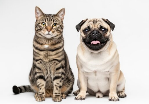 Cute tabby cat and pug sitting together isolated on white background