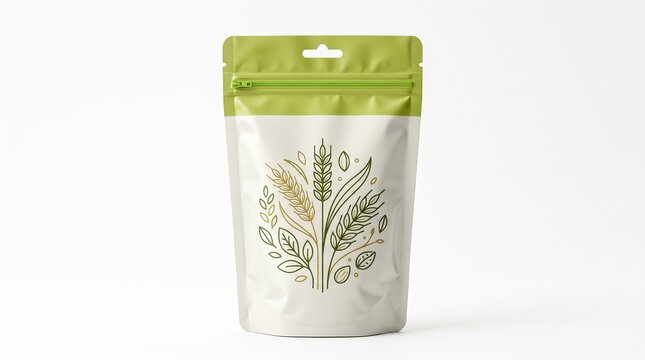Eco-friendly stand-up pouch with cereal grain illustration, organic food packaging mockup, green and white doy-pack for seeds or granola