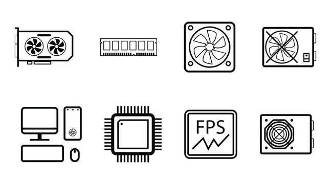 Computer hardware icons set with graphics card CPU RAM and fan for tech concepts