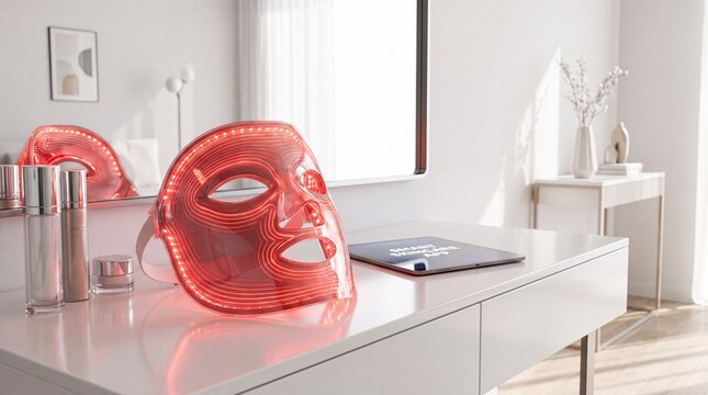 Red LED Light Therapy Facial Mask for Anti-Aging Skin Care on Modern Vanity Table