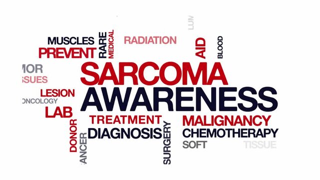 Sarcoma awareness concept Animated Tag Word Cloud kinetic typography, Text Design Animation typography seamless loop video motion graphics Intro Wordart arrangement red type on white background bg bac