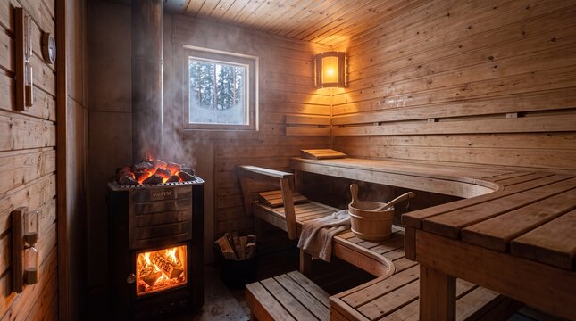 Traditional Finnish Sauna Interior with Wood Burning Stove and Steamy Atmosphere