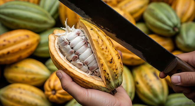 A hand holds a freshly opened yellow cacao pod with white beans inside, being sliced by a large metal machete, with many other cacao pods in the background