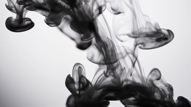 Black ink blooming and swirling in clear water