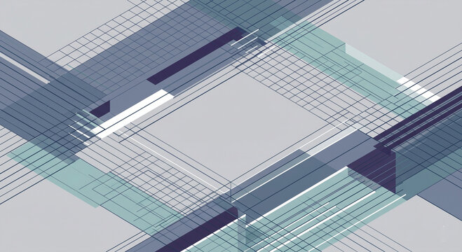 A premium minimalist vector background featuring layered geometric rhythms and overlapping isometric wireframe grids