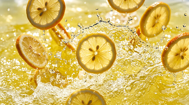 Fresh lemon slices falling into splashing yellow liquid, creating dynamic water droplets and ripples in a bright, citrus-themed food scene