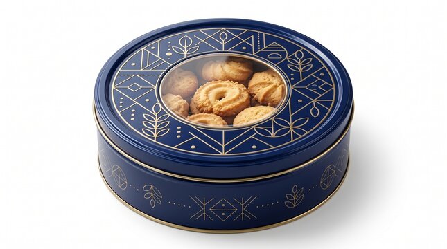 Decorative blue cookie tin with gold geometric patterns, round metal biscuit container with window, premium holiday gift box for butter cookies