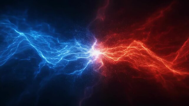 Abstract digital energy flow with blue and red lightning clash