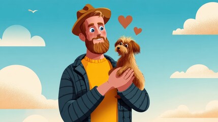 Man holding dog outdoors affectionate illustration