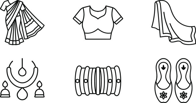Traditional Indian Women Ethnic Wear Icon Set Featuring Saree Blouse Dupatta Scarf Necklace Jewelry Bangles and Mojari Mojri Shoes Line Vector Art