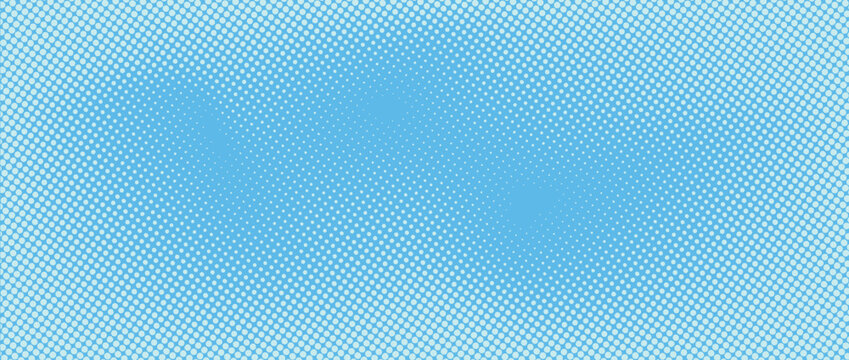 Dotted comic cloud background. Halftone clouds in bright blue sky. Pop art heaven wallpaper for banner, brochure, collage, leaflet, poster, flyer. Pixelated smoke, fog or smog texture.Art