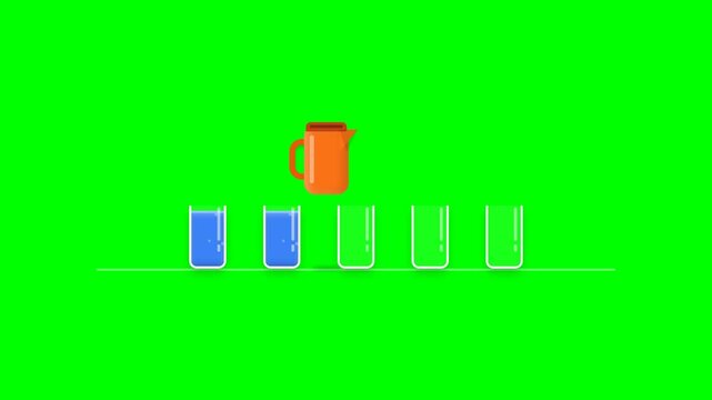 Animated Pitcher Pouring Water into Five Glasses on Green Screen Background