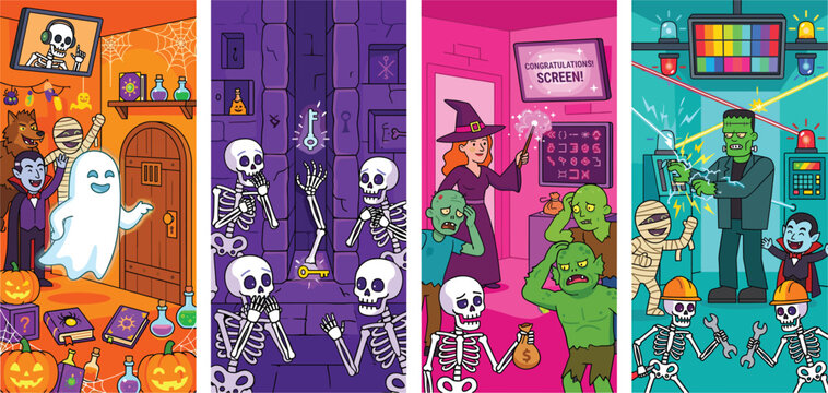 Halloween escape room game with skeleton puzzle, haunted door, mummy workers and congratulations screen illustration