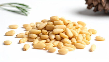 Fototapeta premium White pine nuts scattered on a white surface with pine cone