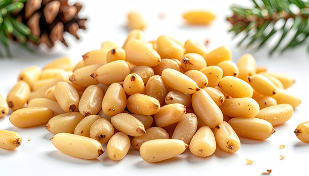 Pine Nuts on White Surface with Holiday Decorations